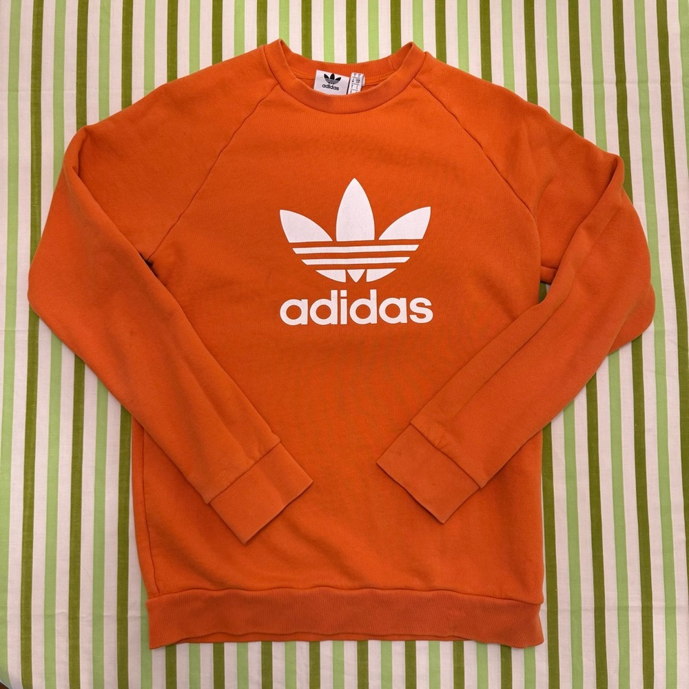 Adidas Orange and White Trefoil Crew Neck Sweatshirt, Long Sleeve Pullover Small